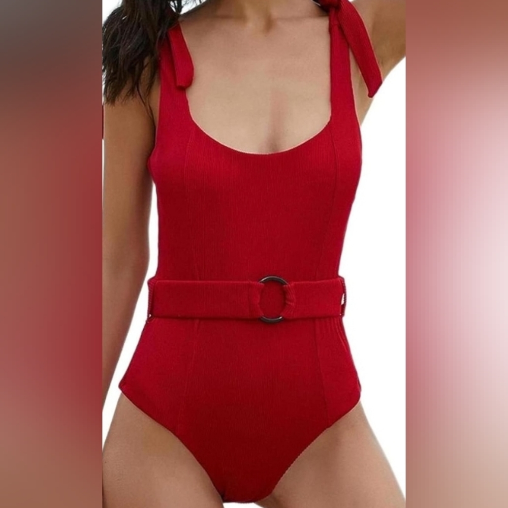 TSMEZA Women's One Piece Swimsuits Belt Tummy Control Bathing Suits Tie Shoulder
